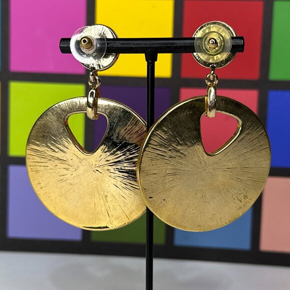 Orange Circle Shape With Cutout Animal Print Texture Faux Gold Trim‎ Earrings - Picture 8 of 11